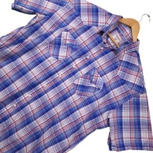 Panhandle Men's Short Sleeve Pearl Snap Plaid Shirt XXL Blue Red White Western